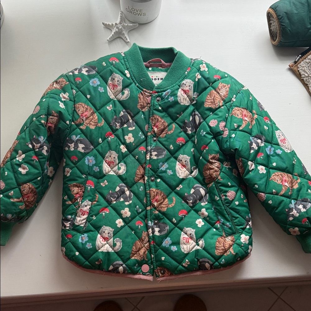 Bode. Green Quilted Jacket with Cat Print